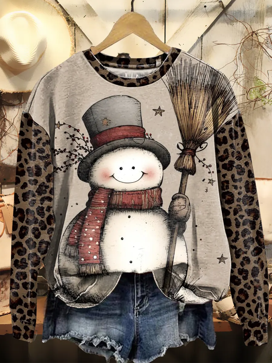 Retro Christmas Snowman Leopard Vintage Art Print Sweatshirt