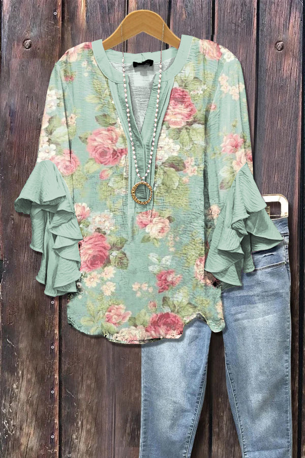 Elegant Floral Print Ruffle Sleeve Top