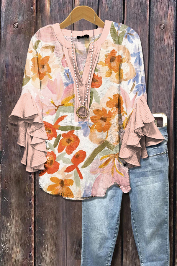 Elegant Floral Print Ruffle Sleeve Top