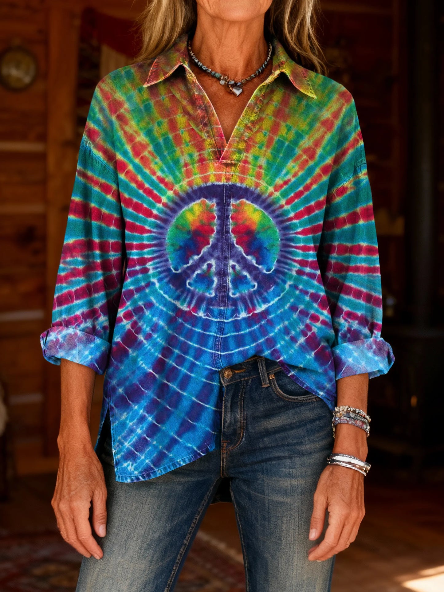 Women's Hippie Tie-dye Art Print Casual Washed Denim Cotton Top