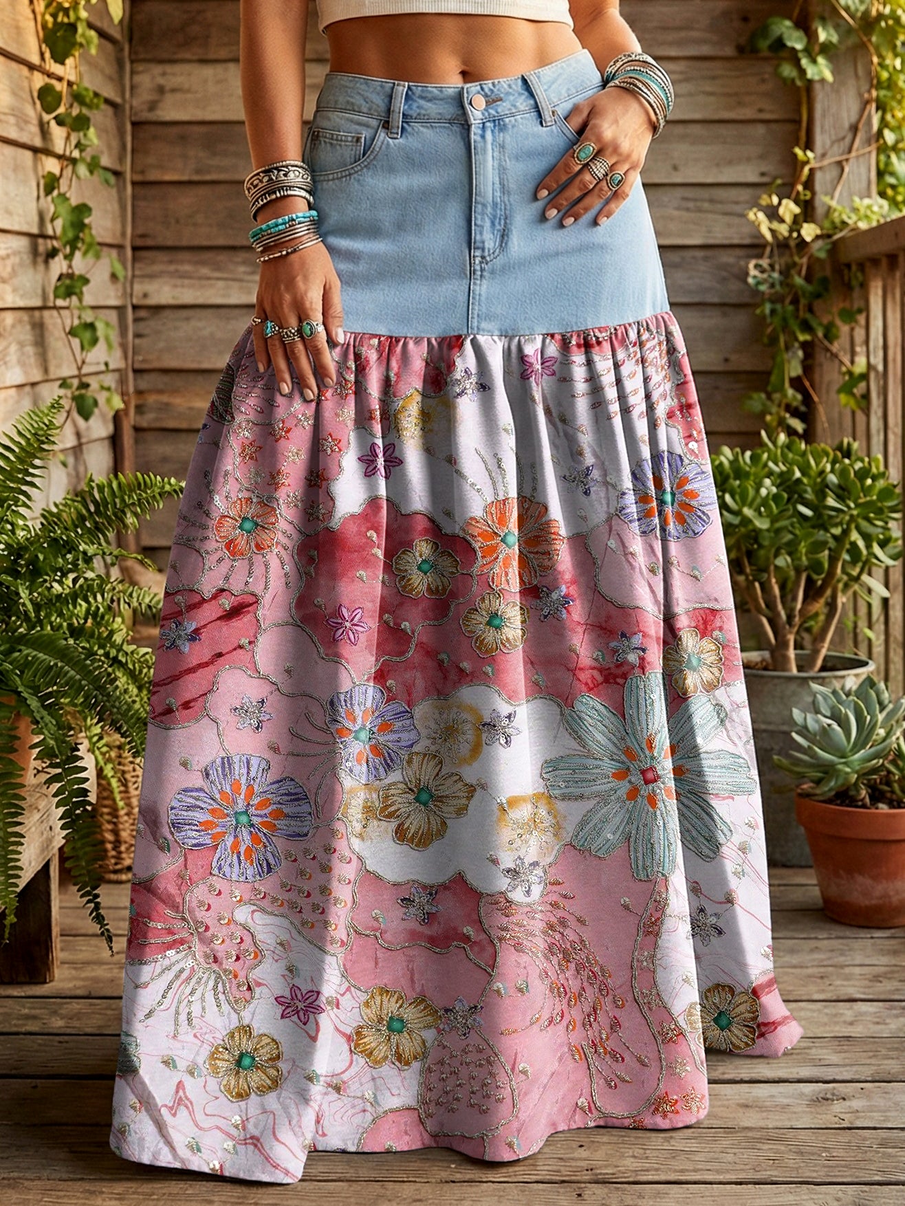 Women's Vintage Pink Floral Collage Art Prints Casual Denim Patchwork Half Skirt