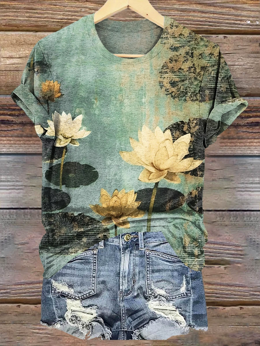 Women's Lotus Flower Art Print Crew Neck T-Shirt
