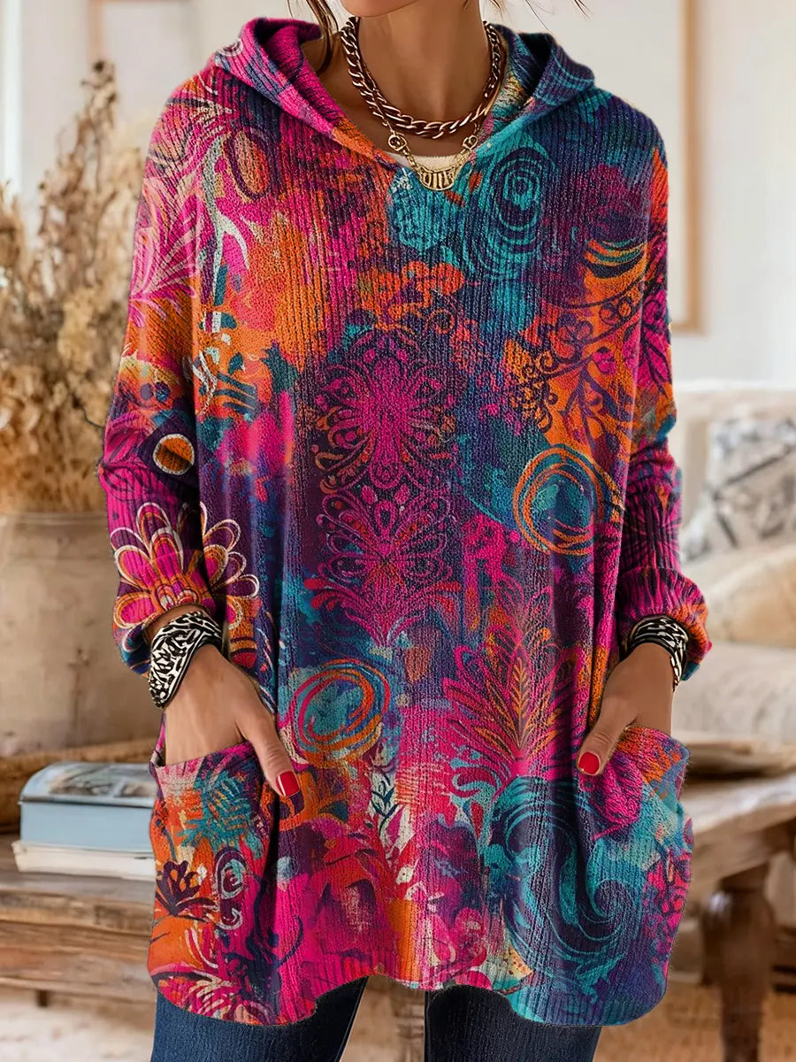 Women's Vibrant Floral Print Artistic Casual Knit Hoodie With Pockets