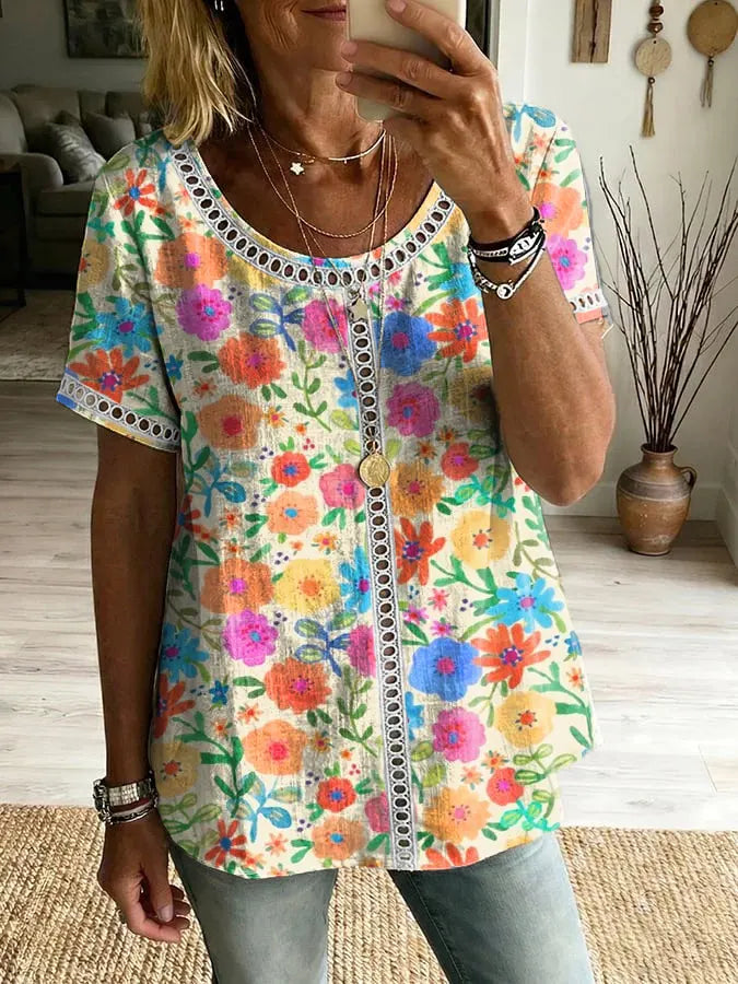 Women's Watercolor Floral Art Print Round Neck Short Sleeve Hollow-Out Shirt