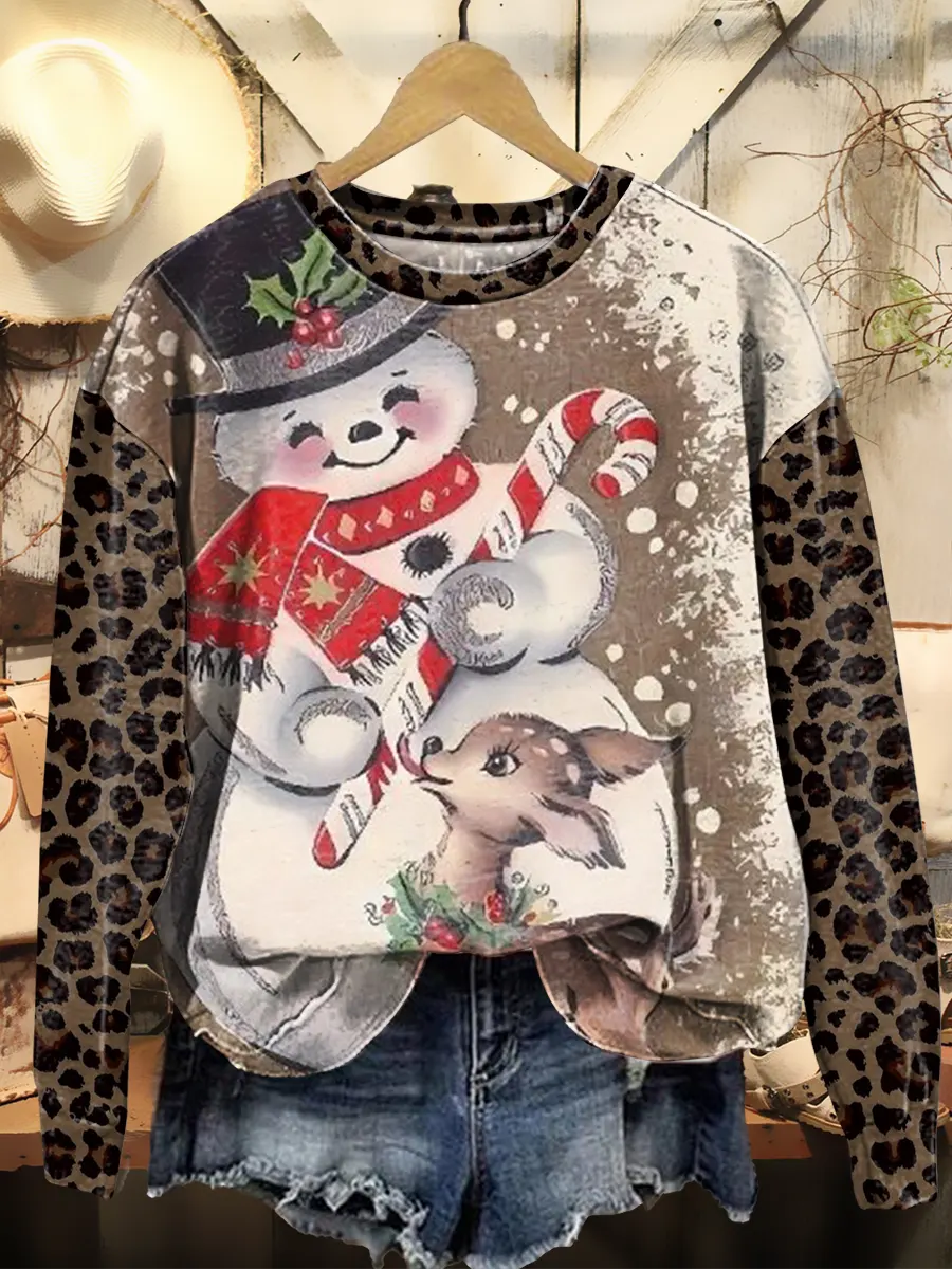 Christmas Patchwork Leopard Snowman Vintage Art Print Sweatshirt