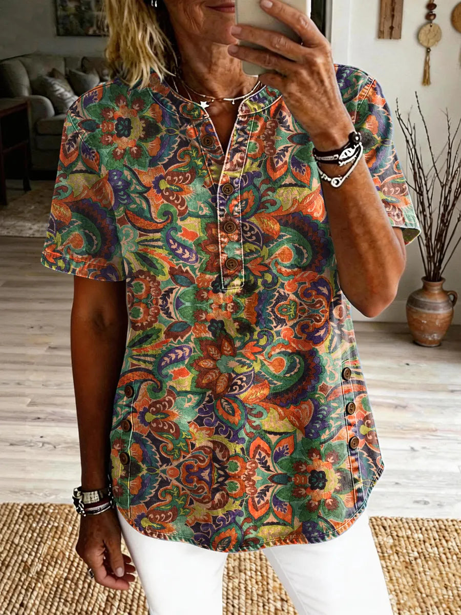 Women's Ethnic Floral Print Button-down Short-sleeved Shirt