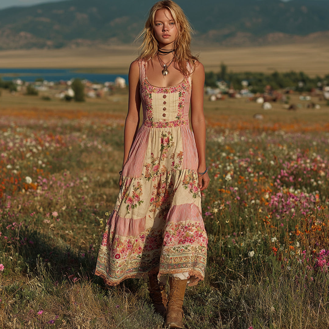 Vintage Pink Floral Patchwork Linen Tank Midi Dress
