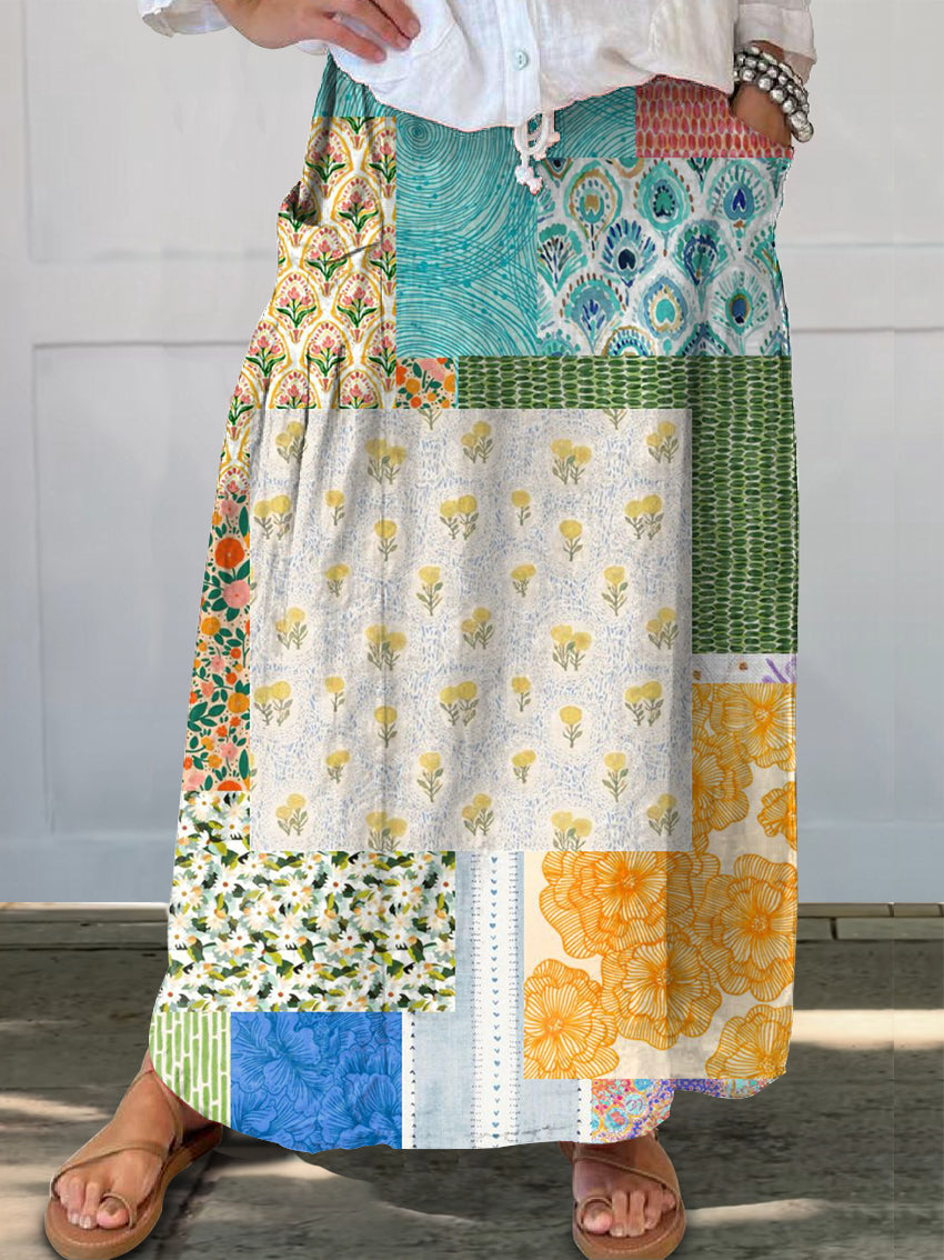 Women's Vintage Floral Patchwork Art Print Linen Pocket Skirt