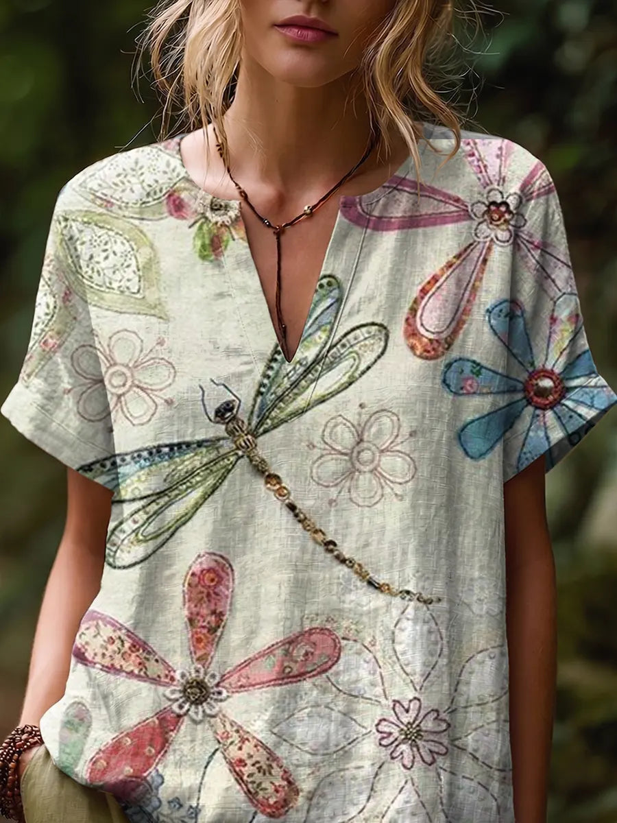 Ethnicity Dragonfly Flowers Women's Art Print Casual Short-sleeve V-neck Cotton Linen Shirt
