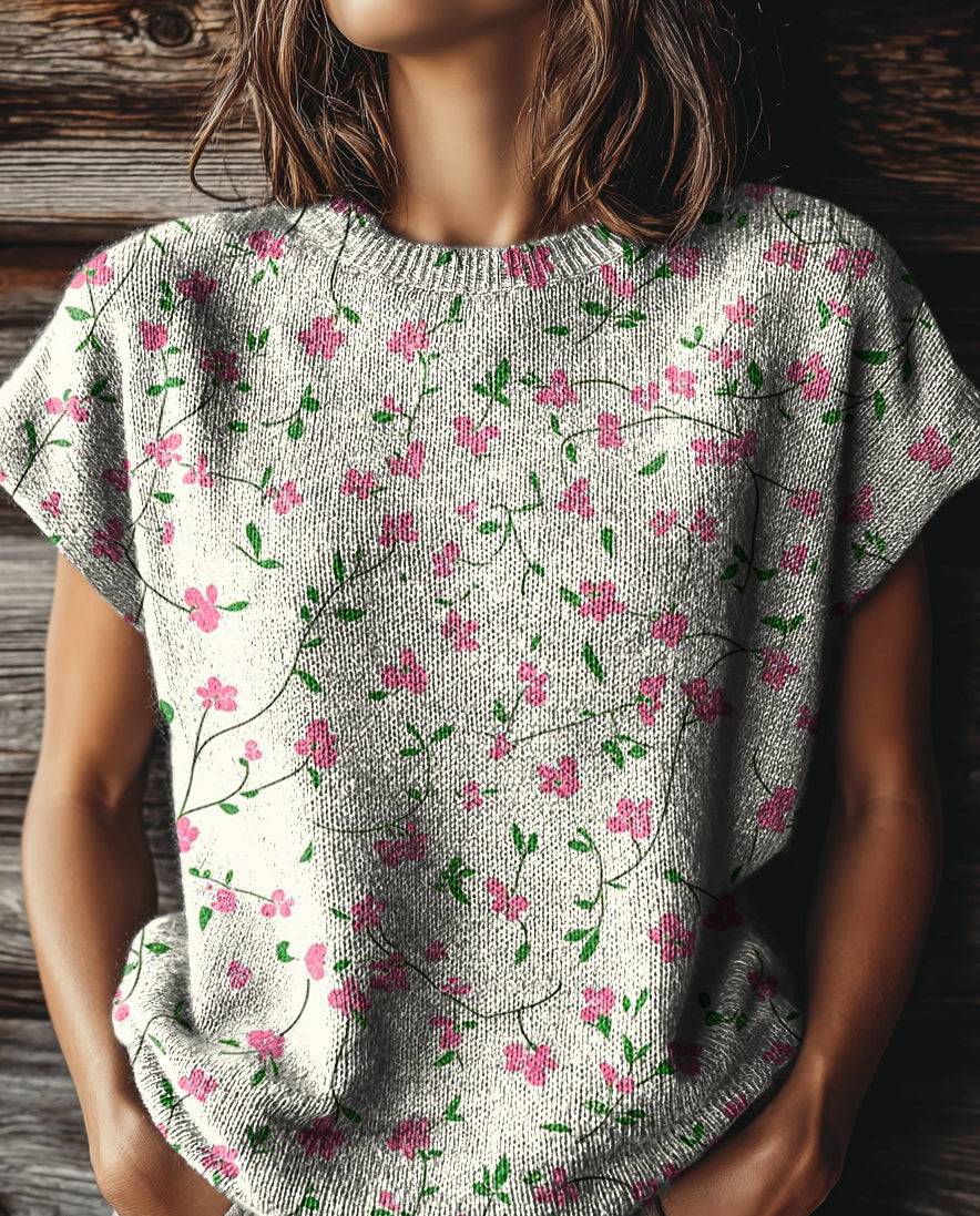 Women's Vintage Floral Art Print Casual Crew Neck Short Sleeve Knitted Sweater