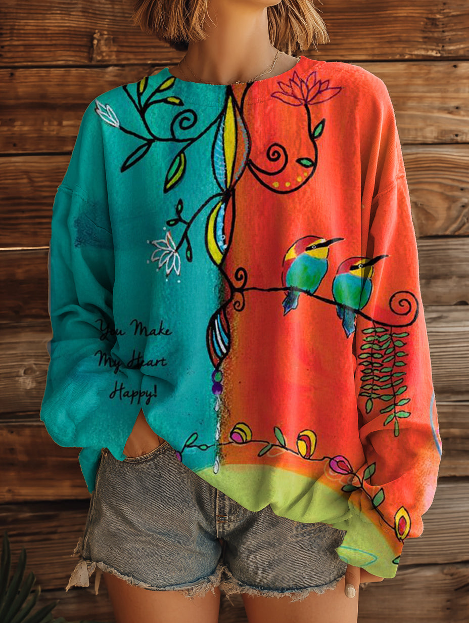 Women's Vintage Floral Bird Art Pattern Print Casual Crew Neck Sweatshirt