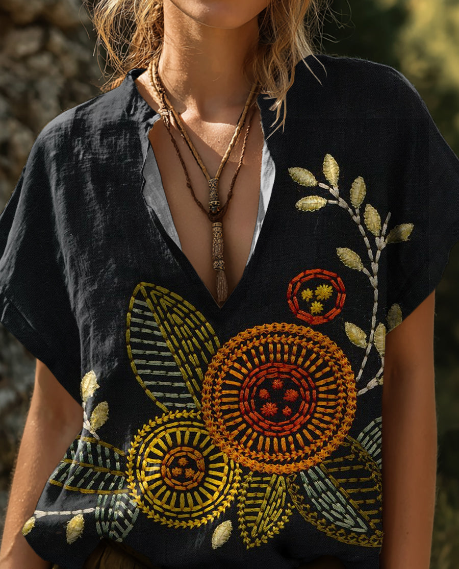 Women's Ethnic Floral Art Pattern Print Casual Cotton Short Sleeve V-neck Shirt