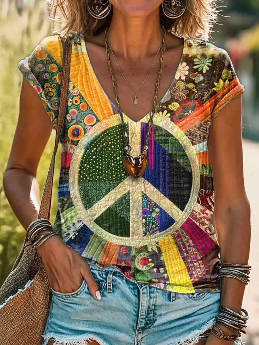 Women's Hippie Patchwork Art Print Cotton V-neck T-Shirt