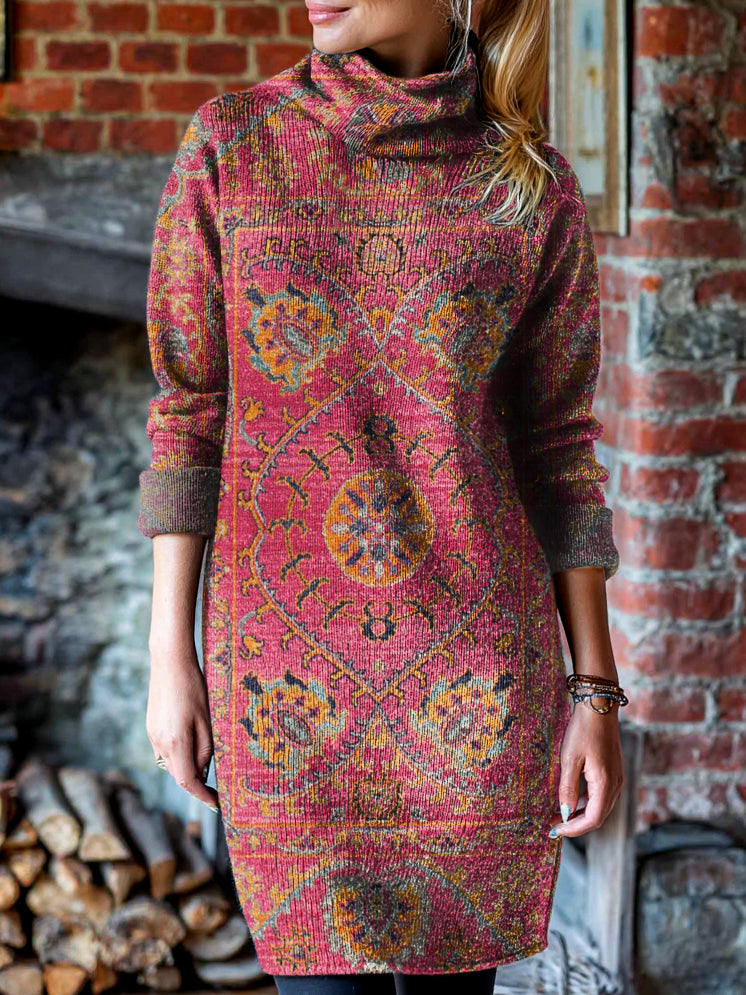 Women's Vintage Ethnic Red Floral Totem Art Print Cover-up High-neck Knit Dress
