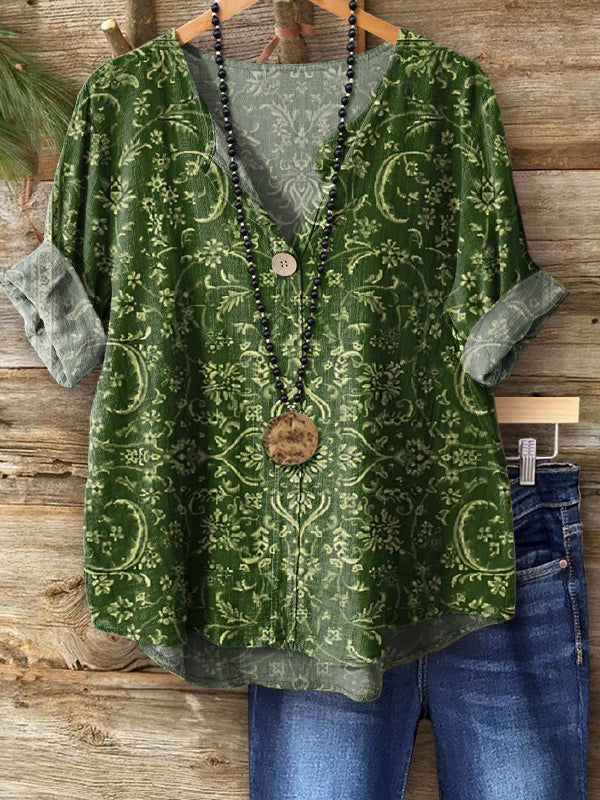 Women's Retro Ethnic Floral Pattern Print Casual Cotton Linen Shirt