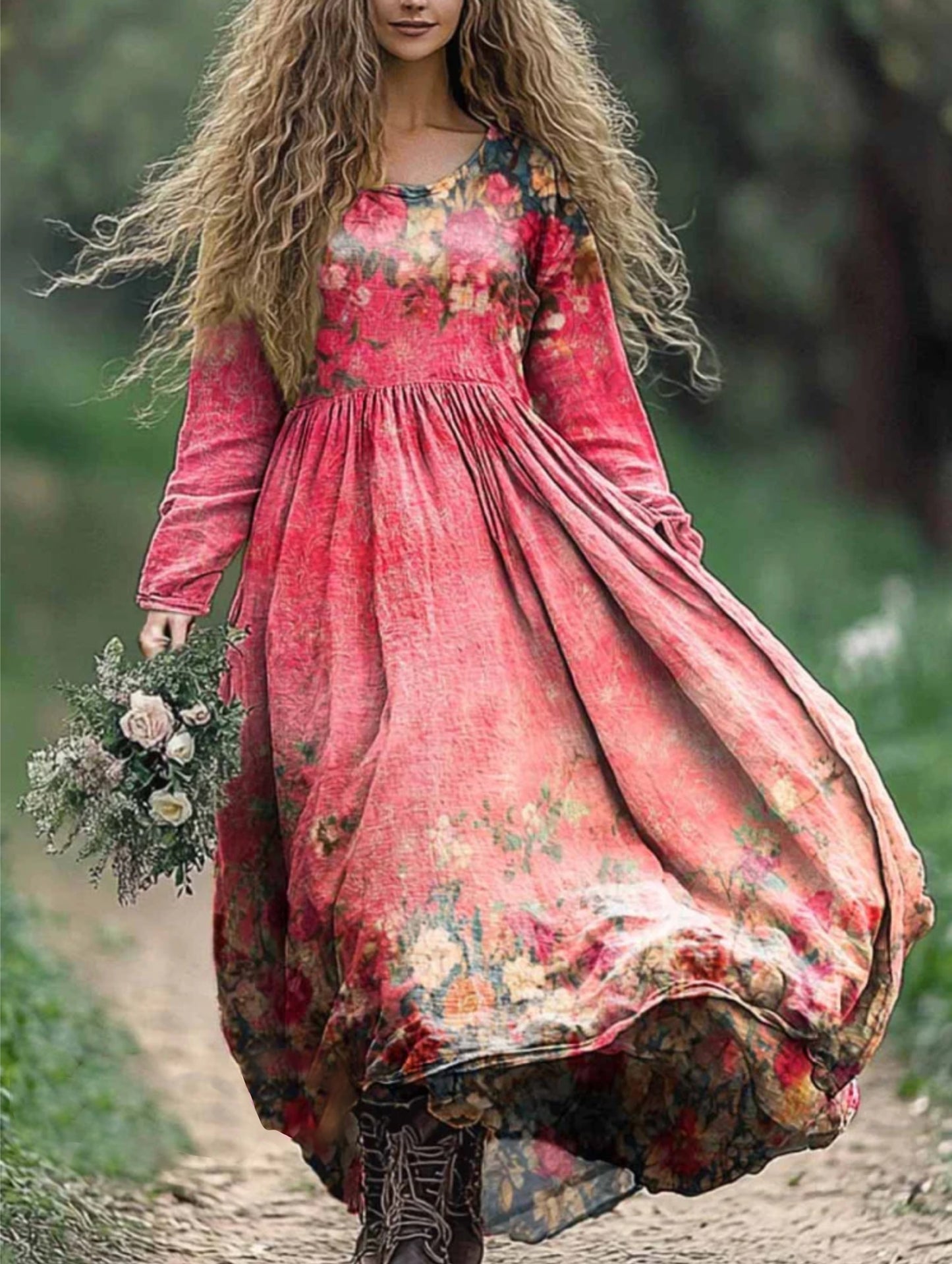 Women's Floral Art Print Pocket Cotton Dress