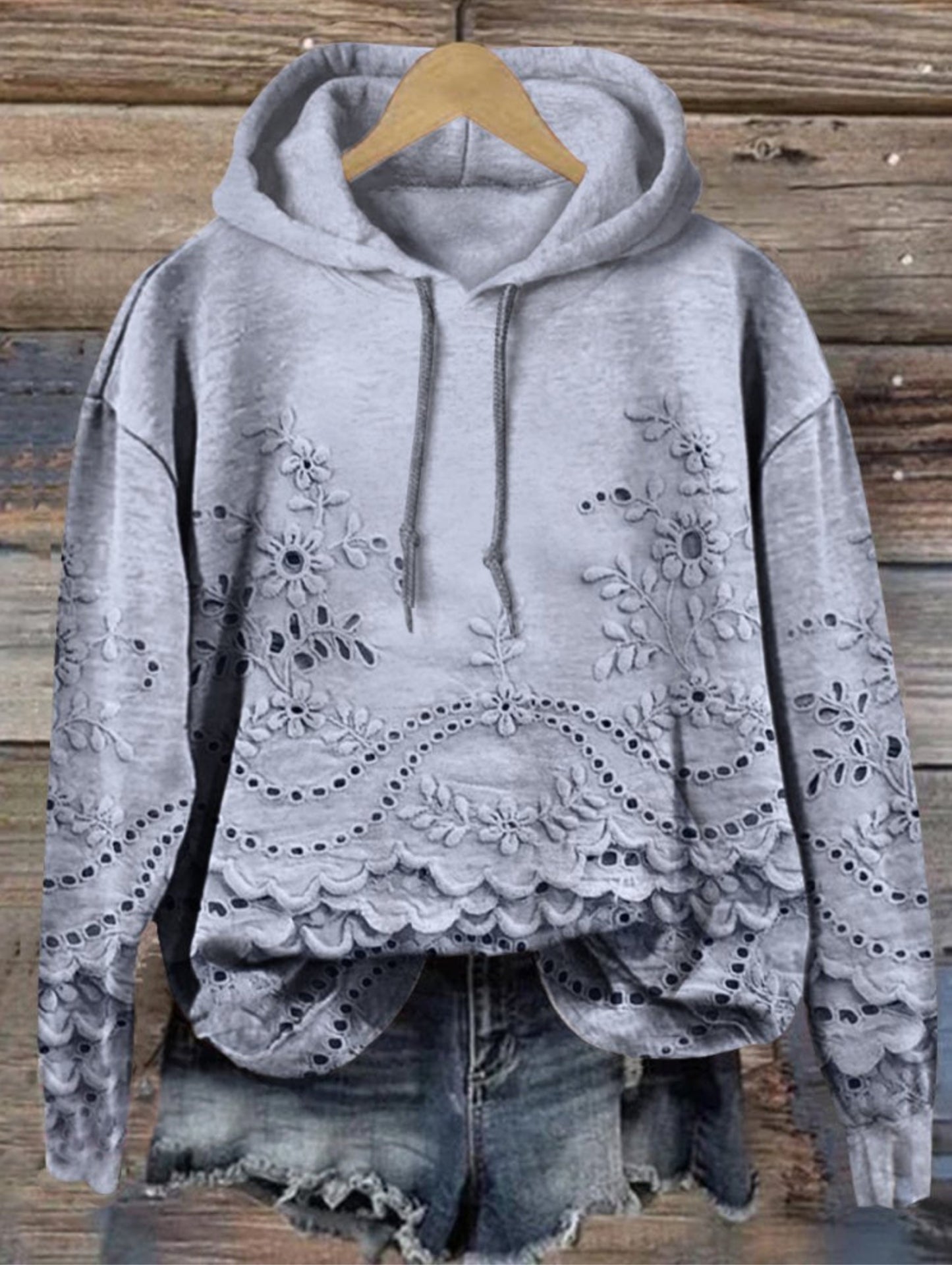 Women's Floral Textured Art Patterns Prints Casual Pocket Hooded Sweatshirt