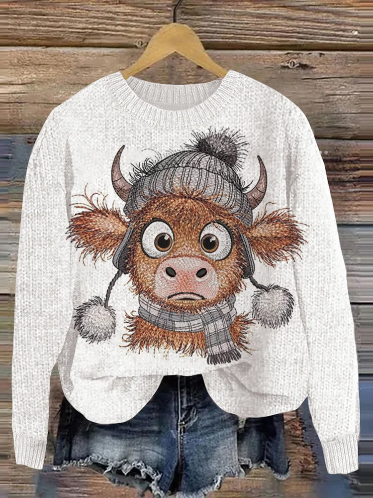 Women's Christmas Cute Highland Cow Print Crew Neck Casual Knit Pullover