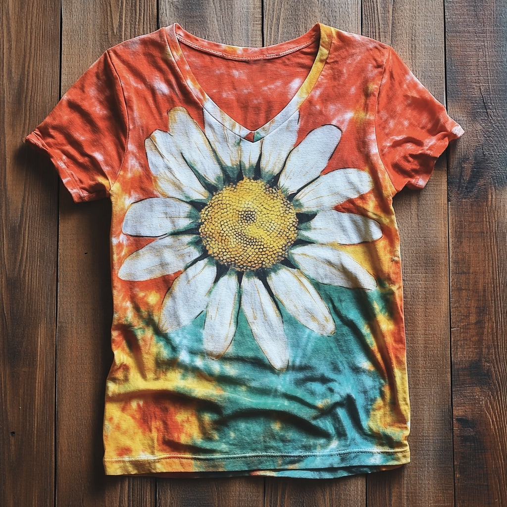 Women's Vintage Daisy Tie-Dye Floral Art Print V-Neck Cotton T-Shirt