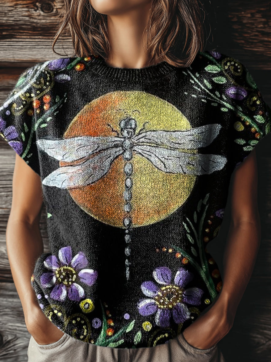Women's Vintage Floral Dragonfly Art Print Casual Crew Neck Short Sleeve Knitted Sweater