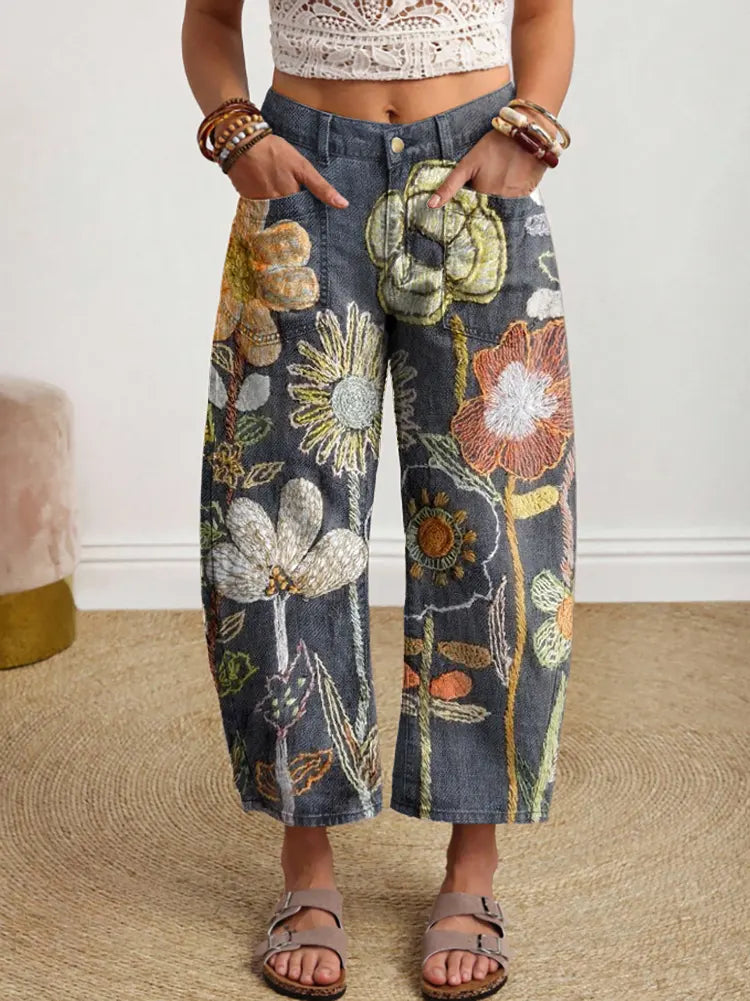 Women's Retro Floral Art Print Jeans