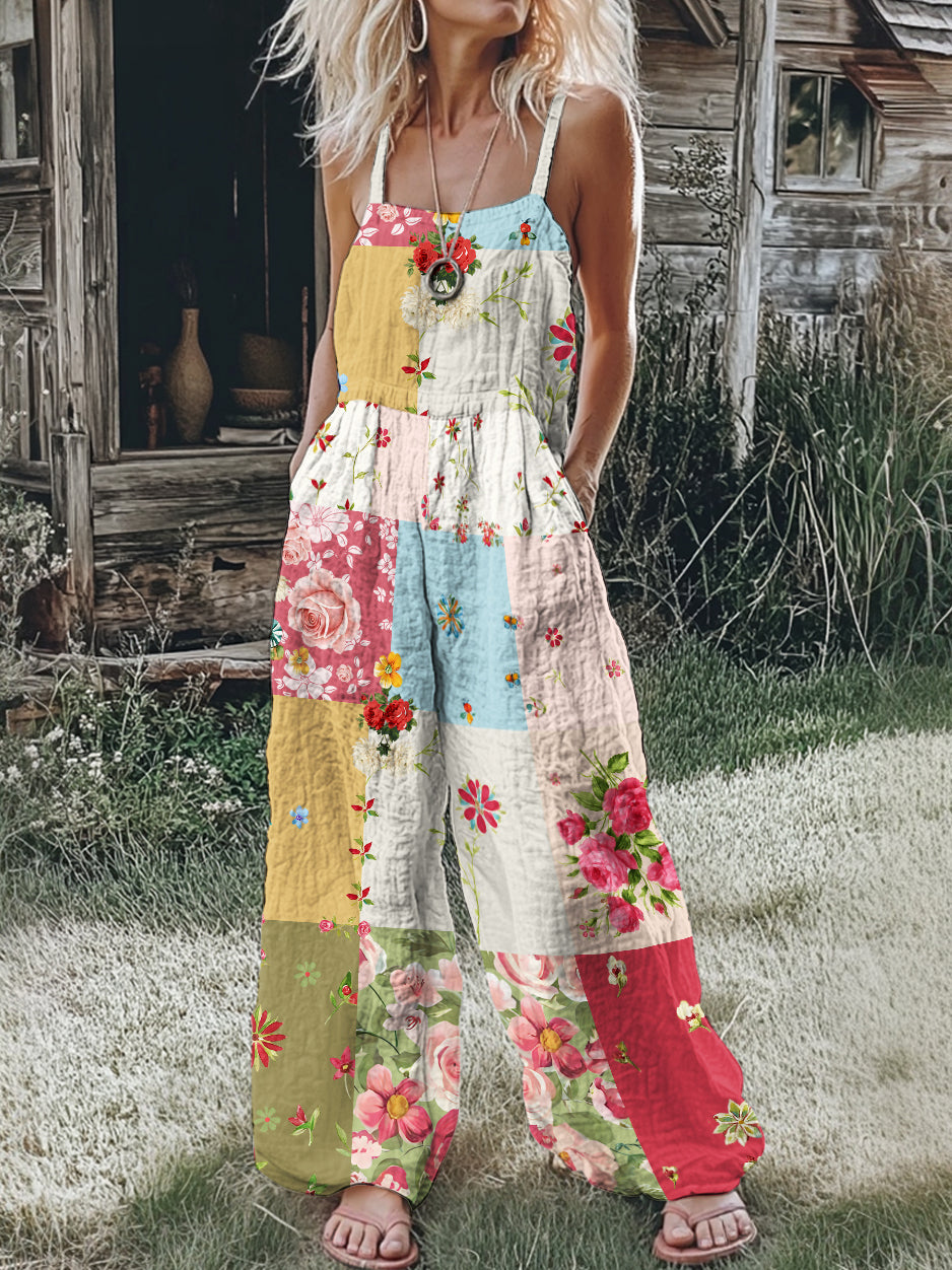 Women's Vintage Floral Art Print Comfy Jumpsuit