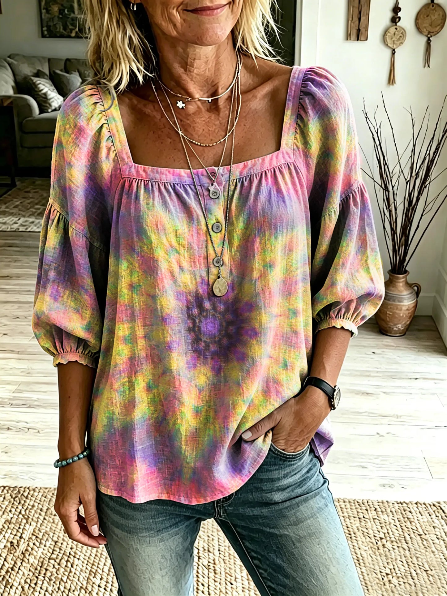 Women's Retro Hippie Kaleidoscope Tie-Dye Art Print Casual Square-Neck Top