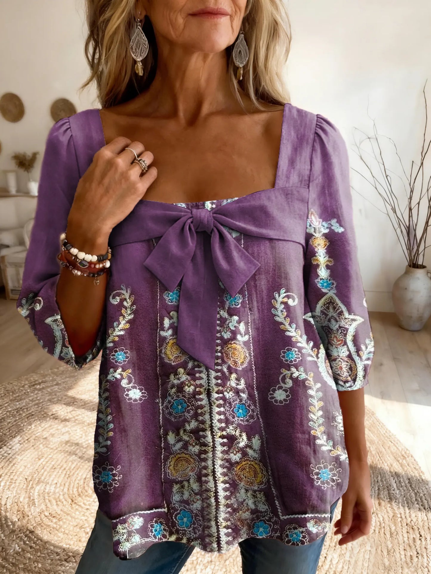 Women's Bohemian-Style Purple Ethnic Floral Art Print Casual Square-Neck Bow-Detail Top