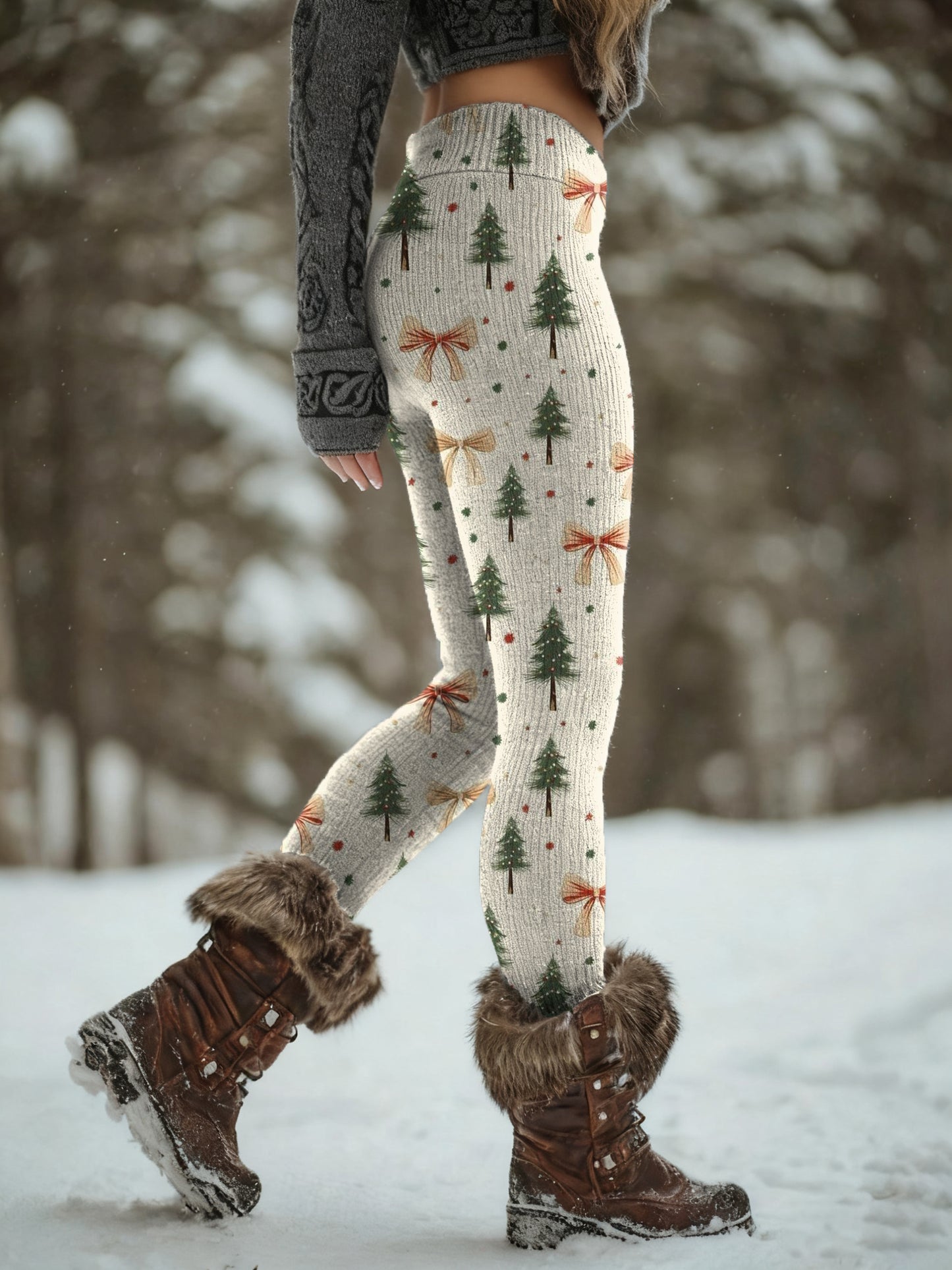 Women's Retro Bow Christmas Tree Art Print Knit Leggings