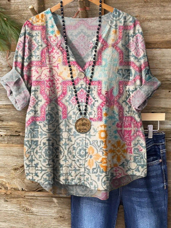Women's Retro Ethnic Totem Print Casual Cotton Linen Shirt