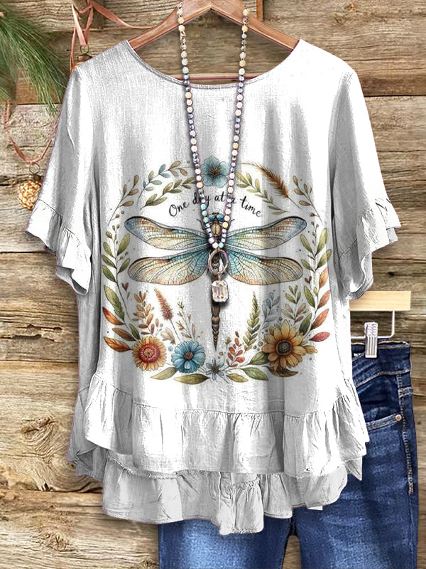 Women's Dragonfly Floral Pattern Art Print Casual Cotton Linen Short Sleeve Shirt