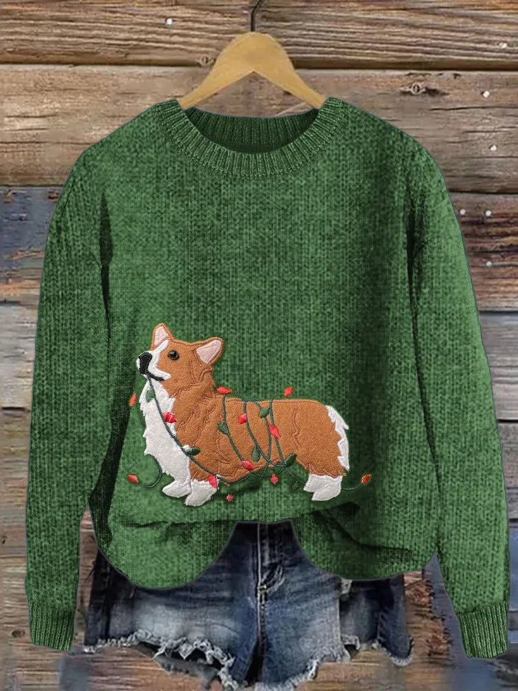 Women's Funny Christmas Corgi Dog Embroidered Print Crew Neck Casual Knit Pullover