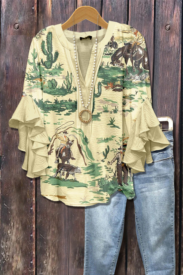Western Cowboy Print Ruffle Sleeve Top