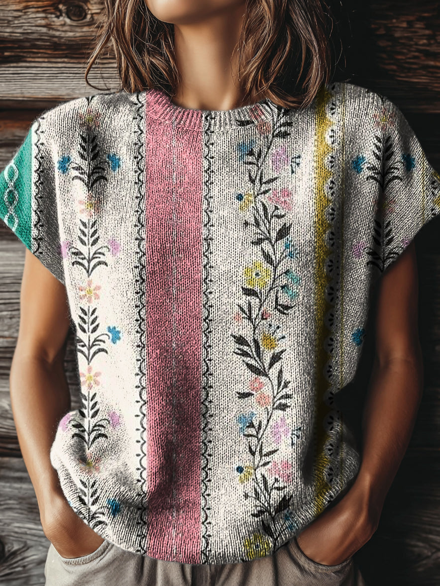 Women's Vintage Floral Art Print Casual Crew Neck Short Sleeve Knitted Sweater