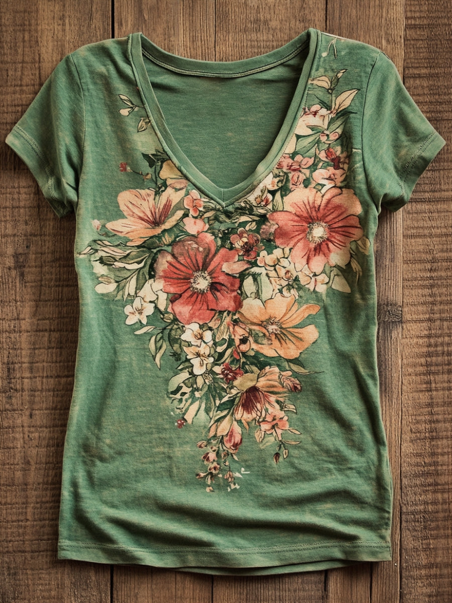 Women's Vintage Folk Art Floral Pattern Print V-Neck Cotton T-Shirt