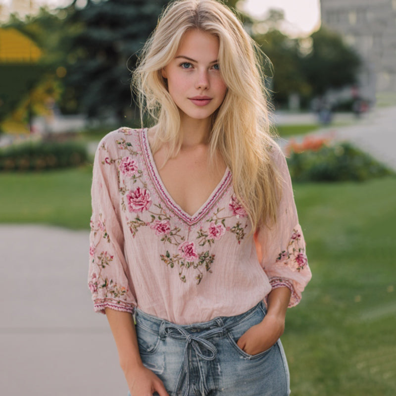 Women's Vintage Pink Floral Embroidery V-neck T-shirt