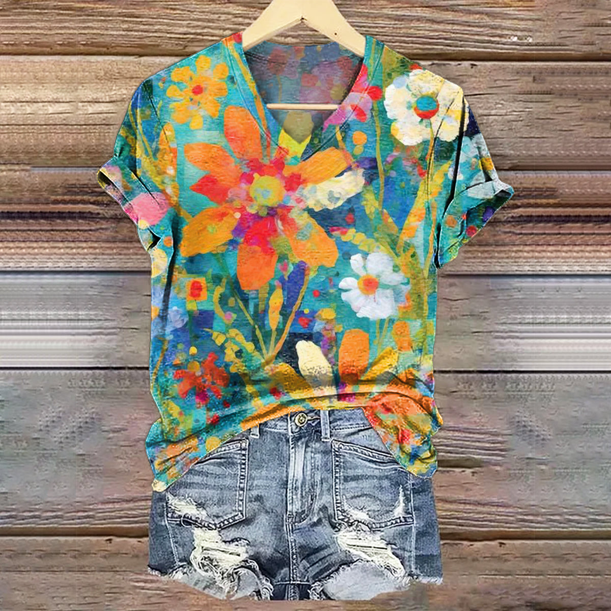 Women's Floral Art Print V-Neck Cotton T-Shirt