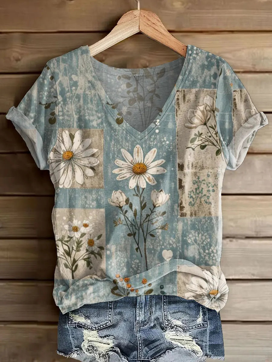 Ethnicity Bohemian Style Flowers Women's V-neck Print Casual T-shirt