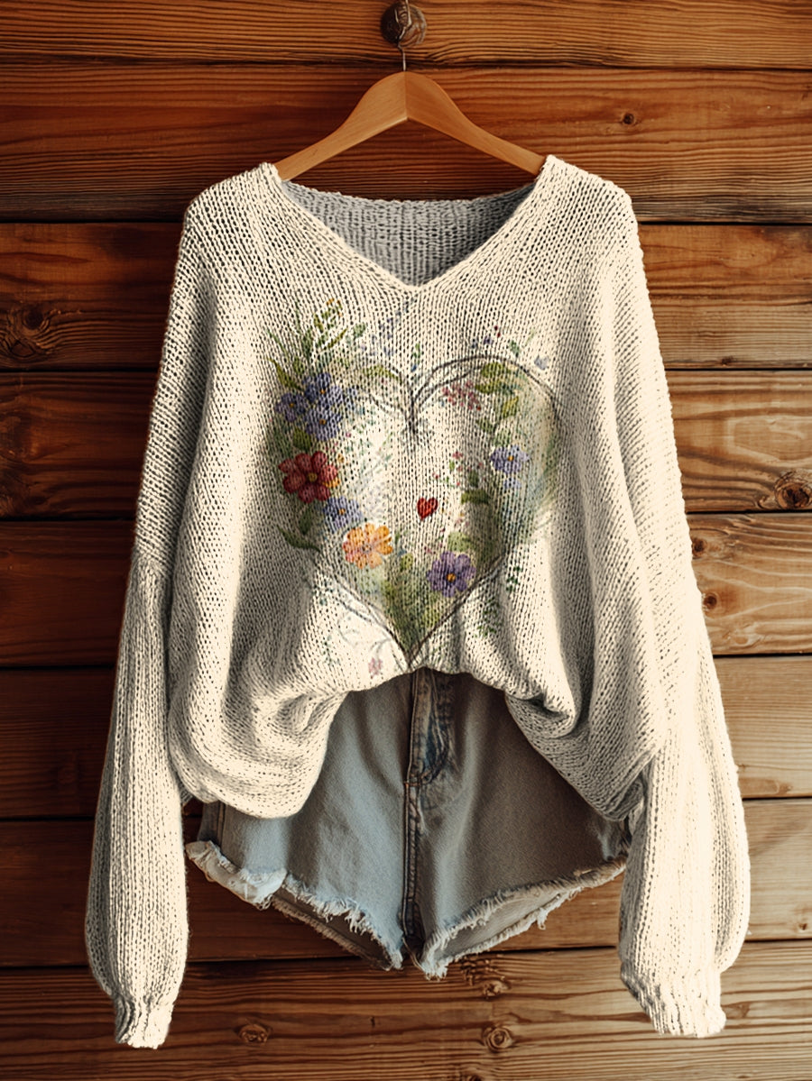 Women's Floral Heart Pattern Art Print Casual Pullover Sweater