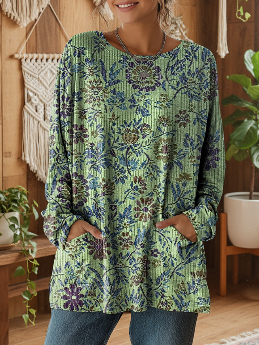 Women's Bohemian Tattoo Floral Art Print Casual Long-Sleeve T-Shirt