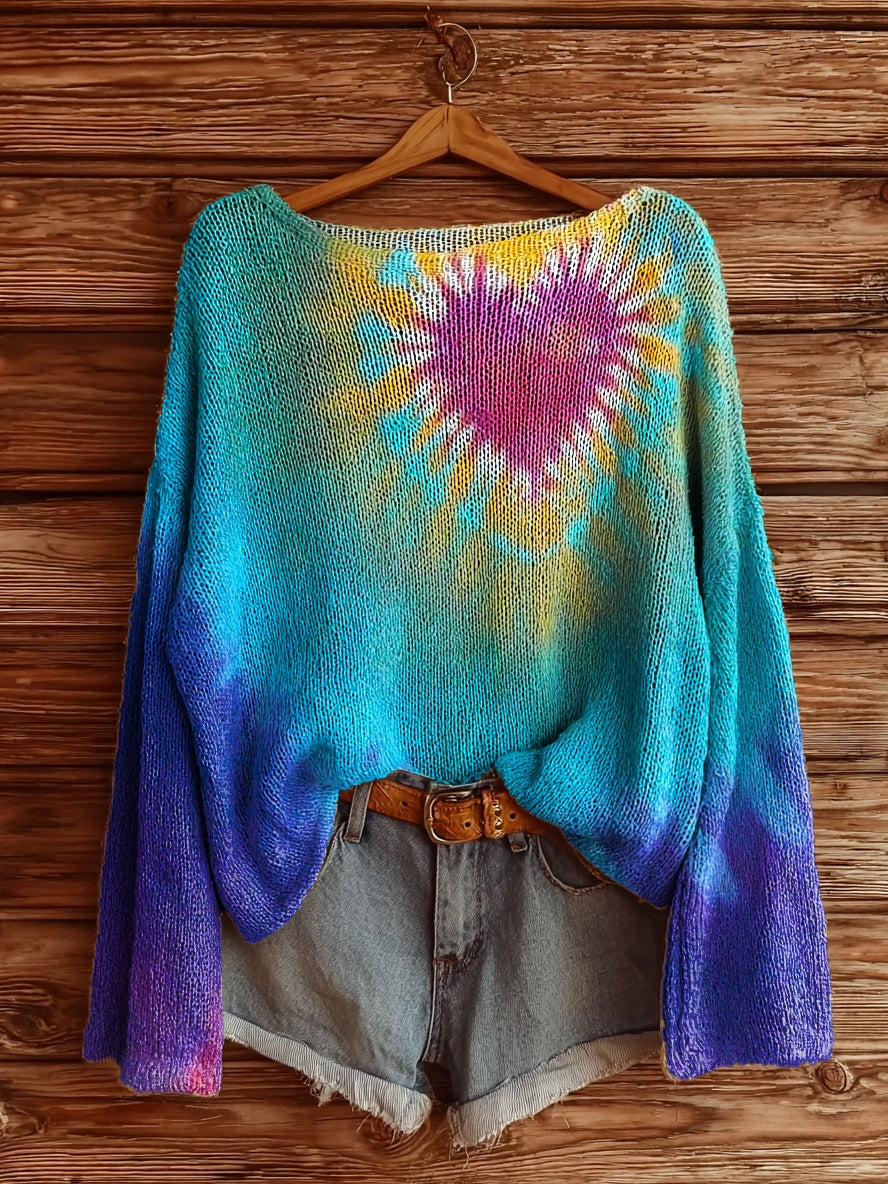 Women's Heart Tie-Dye Art Pattern Print Casual Pullover Sweater