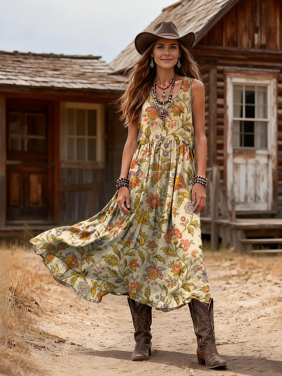 Women's Retro Floral Art Print Casual Sleeveless Round Neck Cotton Dress