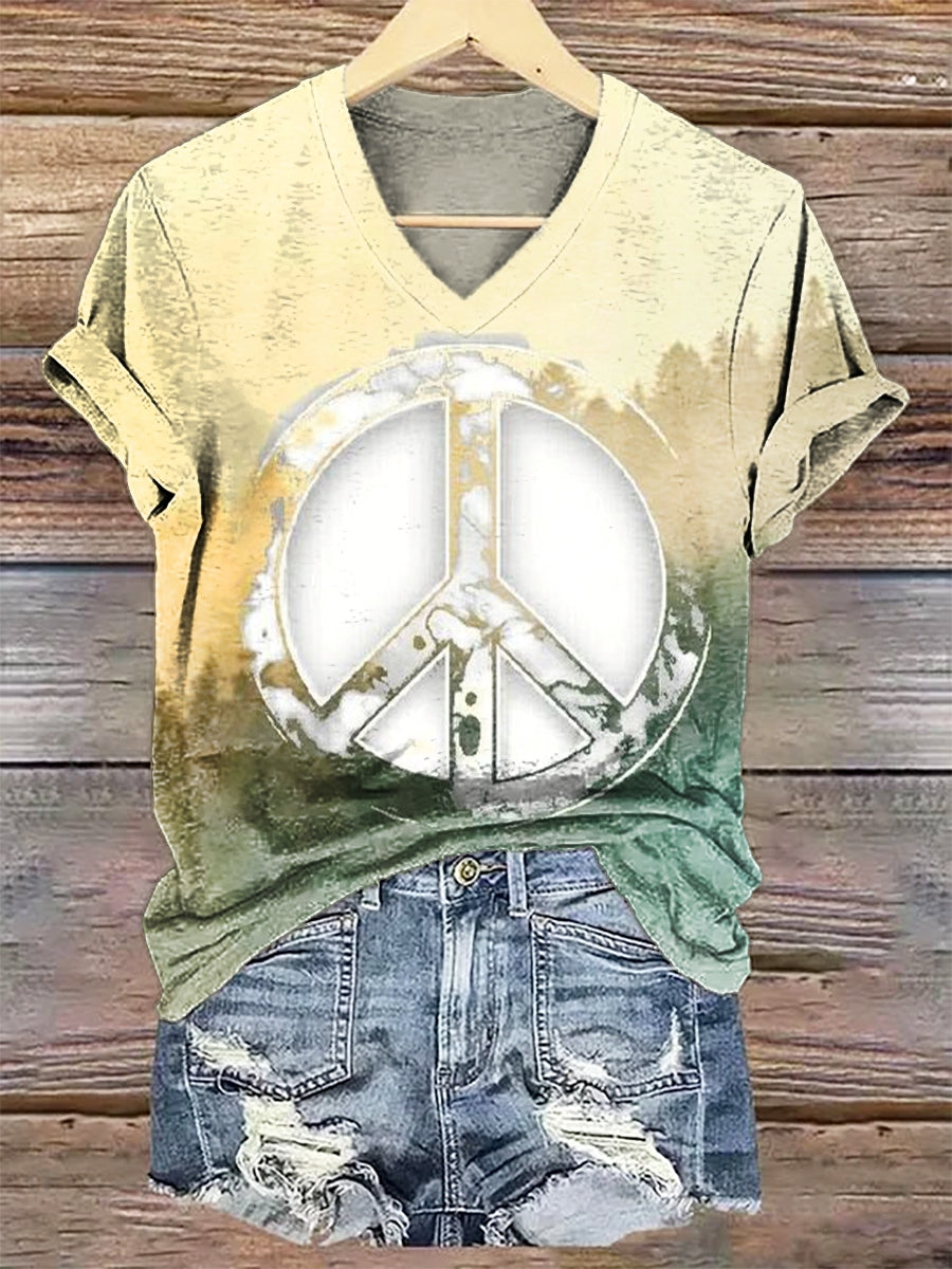 Women's Hippie Peace Love Sign Print V-neck Casual T-Shirt