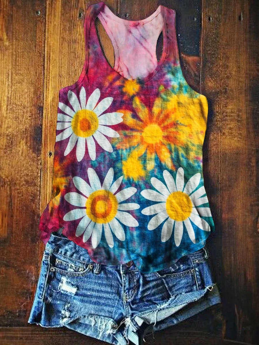 Women's Tie-Dye Daisy Art Print Crew Neck Tank Top