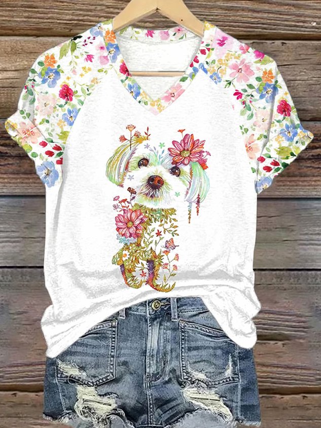 Casual Floral V Neck Short Sleeve T-shirt