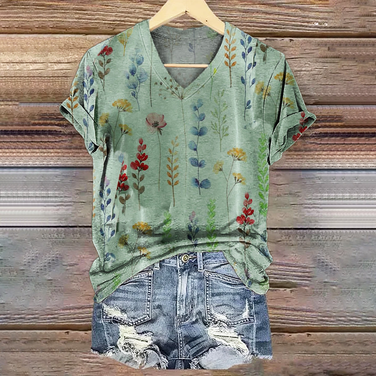 Women's Floral Art Print V-Neck Cotton T-Shirt