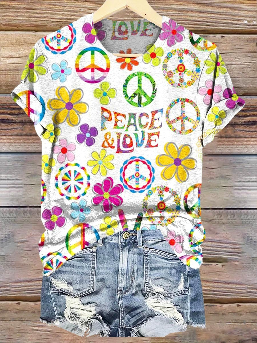 Women's Hippie Peace Love Sign Graphic Printed T-shirt