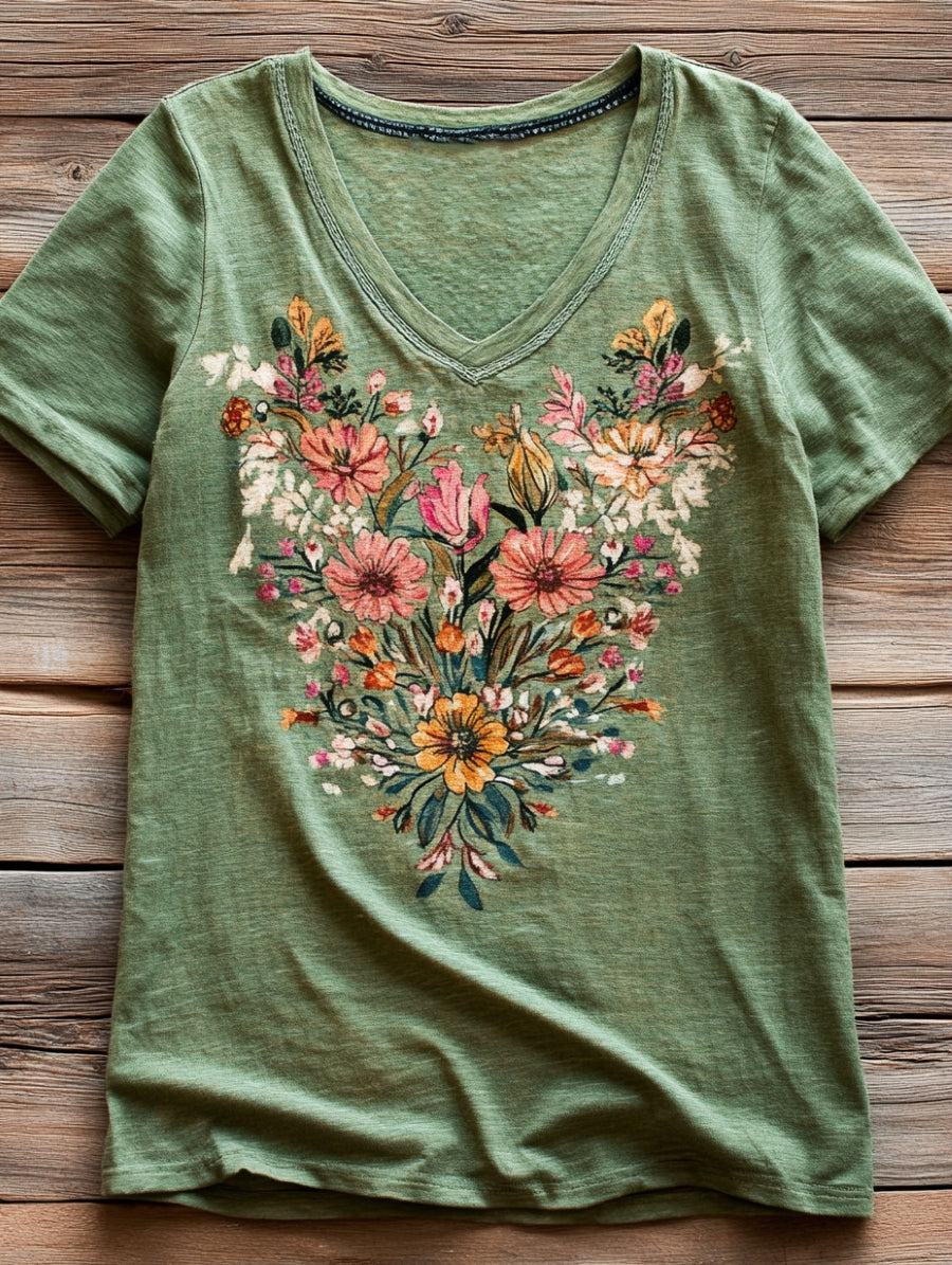 Women's Folk Flower Art Print V-neck Casual Cotton T-Shirt