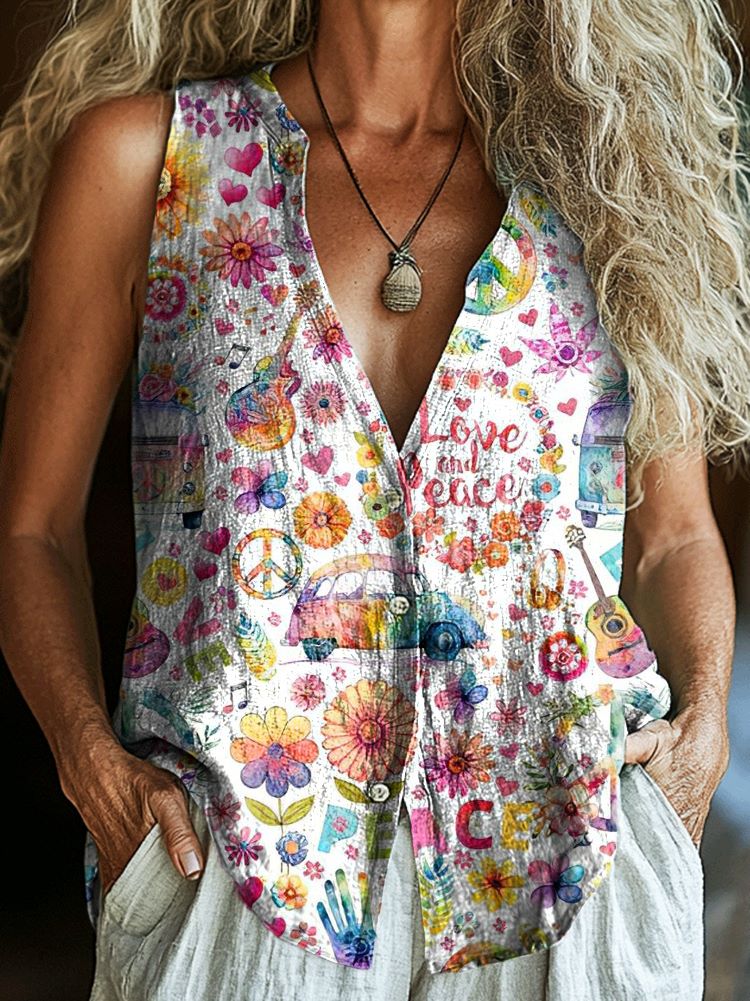Women's Hippie Pattern Art Print Sleeveless Cotton Shirt