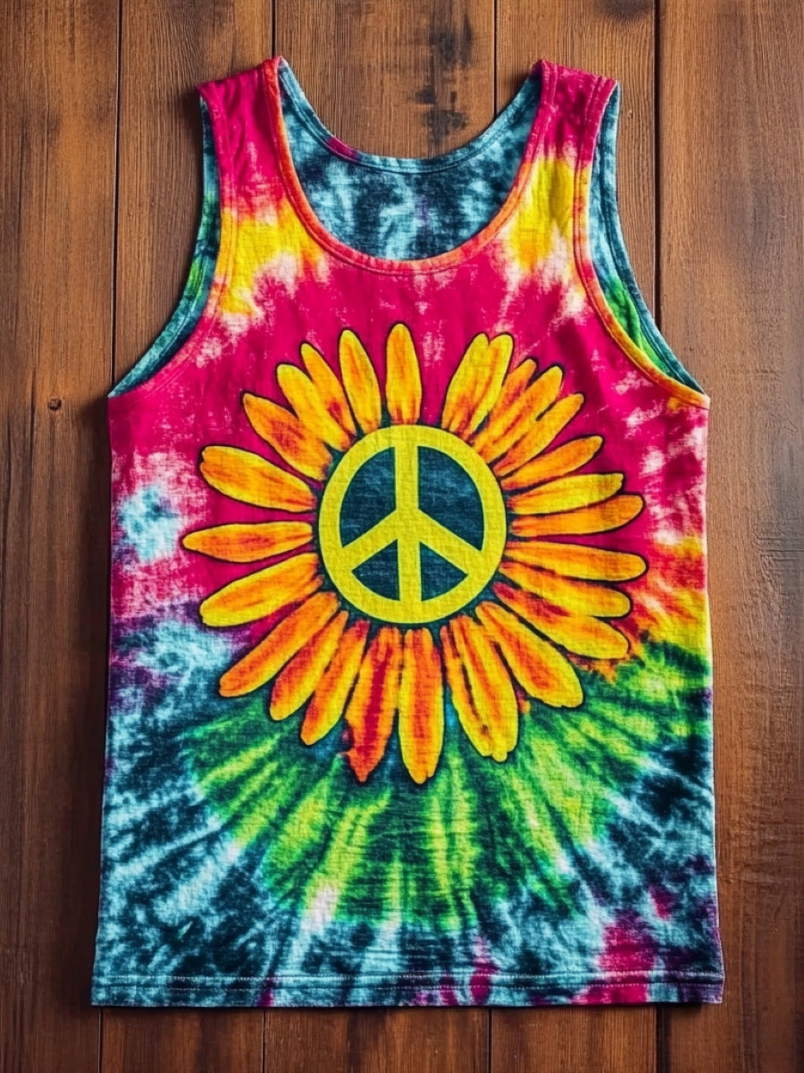 Unisex Tie Dye Daisy Hippie Peace Art Graphic Print Crew Neck Cotton Tank Top